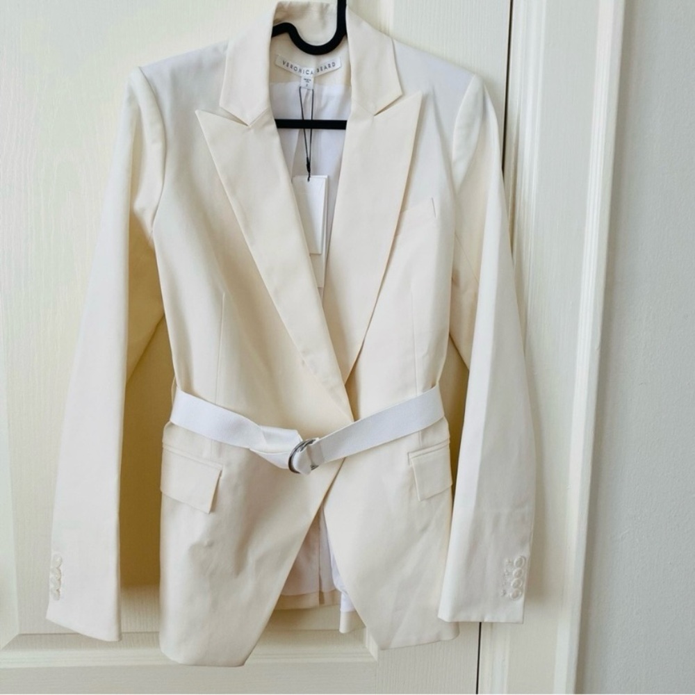 $895 NWT Veronica Beard Ivory Palm Peak Lapel Belted Dickey Jacket Blazer size 2